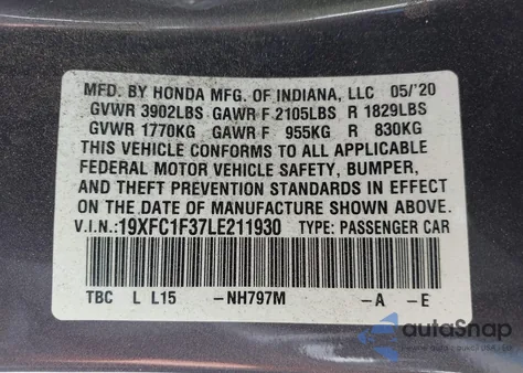 2020 Honda Civic Ex z USA, uszkodzony, nr VIN 19XFC1F37LE211930